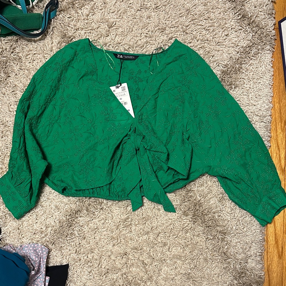 Zara Green Crop Tie Front Blouse